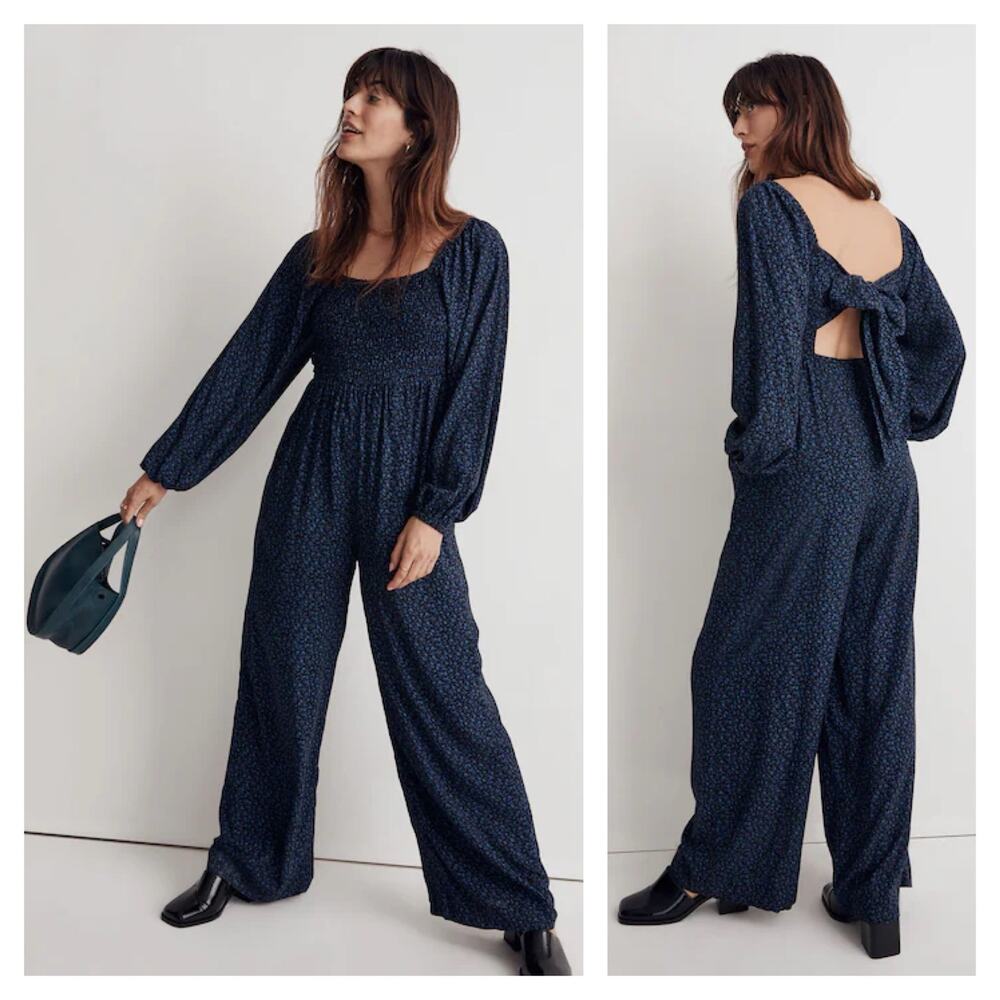 Madewell Lucie Floral Tie Back Wide Leg Jumpsuit Size 8 Long Sleeve Black Blue